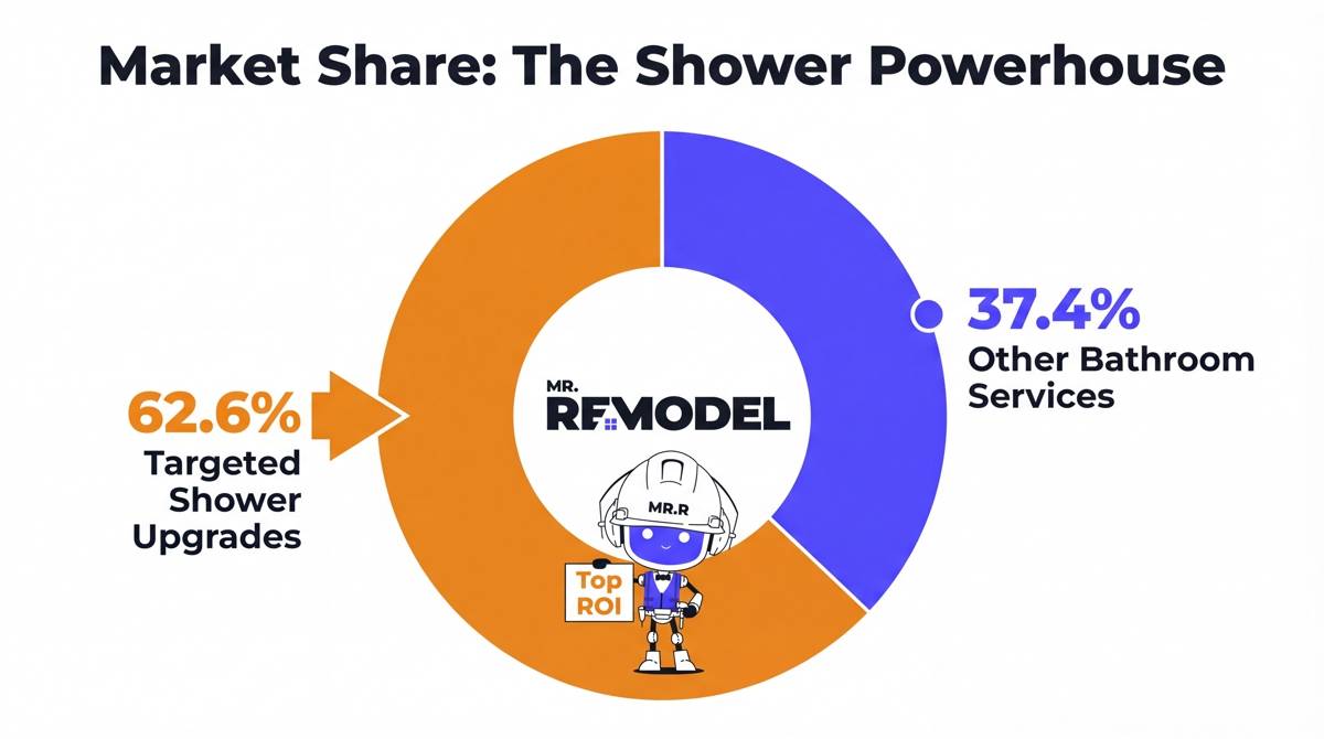 A revenue wheel infographic showing that targeted shower upgrades account for 62.6% of bathroom remodeling market revenue in 2026.